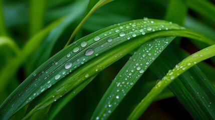 Dewy grass blades with water droplets, a fresh morning's delicate beauty.