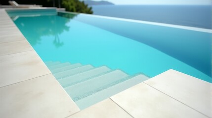 Dreamy Escape Elegant Poolside Design with White Stone and Shimmering Blue Water Extending to the Sea