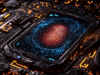 Fingerprint scanning on futuristic circuit board