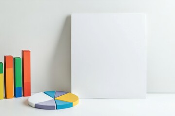 A white board with a pie chart on it and a stack of colored blocks