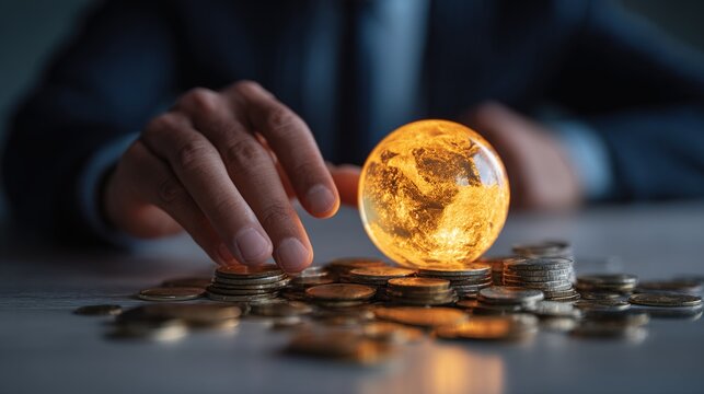 Businessman Strategizing Company Cost Savings with Glowing Globe and Coins. High quality