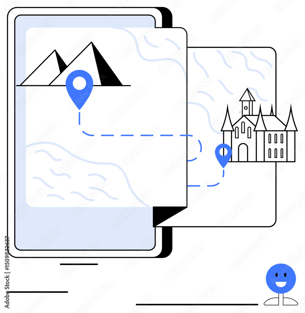 Poster tablet screen displaying map with navigation path from pyramids to a castle, marked with location pi