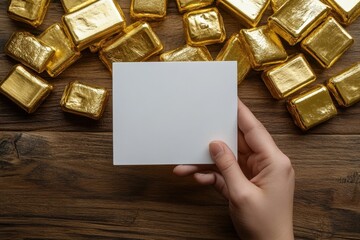 A hand holding a white card with a gold border