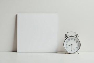 A white clock sits on a table next to a blank white poster