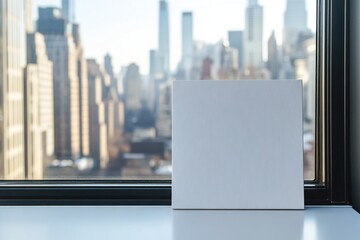 A white square is sitting on a window sill in a city