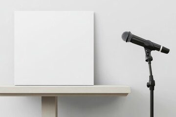 A microphone stands next to a white blank canvas