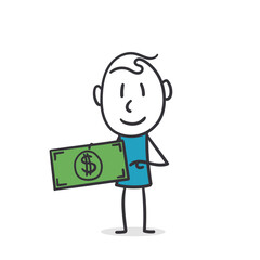 A Cheerful Stickman Holding Dollar Bill. Finance, money and wealth in a lighthearted manner.