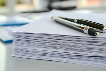 A stack of papers with a pen on top of it