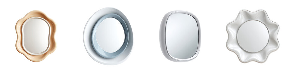 Stylish collection of decorative mirrors featuring unique organic shapes and colors, perfect for enhancing interior aesthetics and adding a touch of elegance to any space.