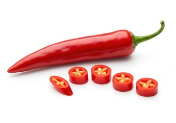 Red chili pepper and slices isolated on transparent background
