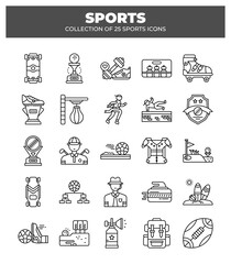 Collection of 25 Sports Icons.  Vector Line Art Graphics