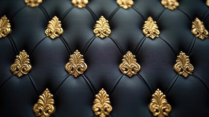 Fototapeta premium Ornate black leather upholstery with gold accents.
