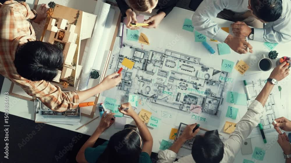 Poster top aerial view of project manager or civil engineer writing at blueprint and planning building desi