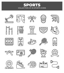 Collection of 25 Sports Icons. Sport Equipment. Game. Activity. and Athletic Gear Line Art