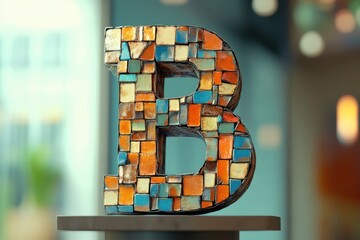 A colorful mosaic letter B is displayed on a table