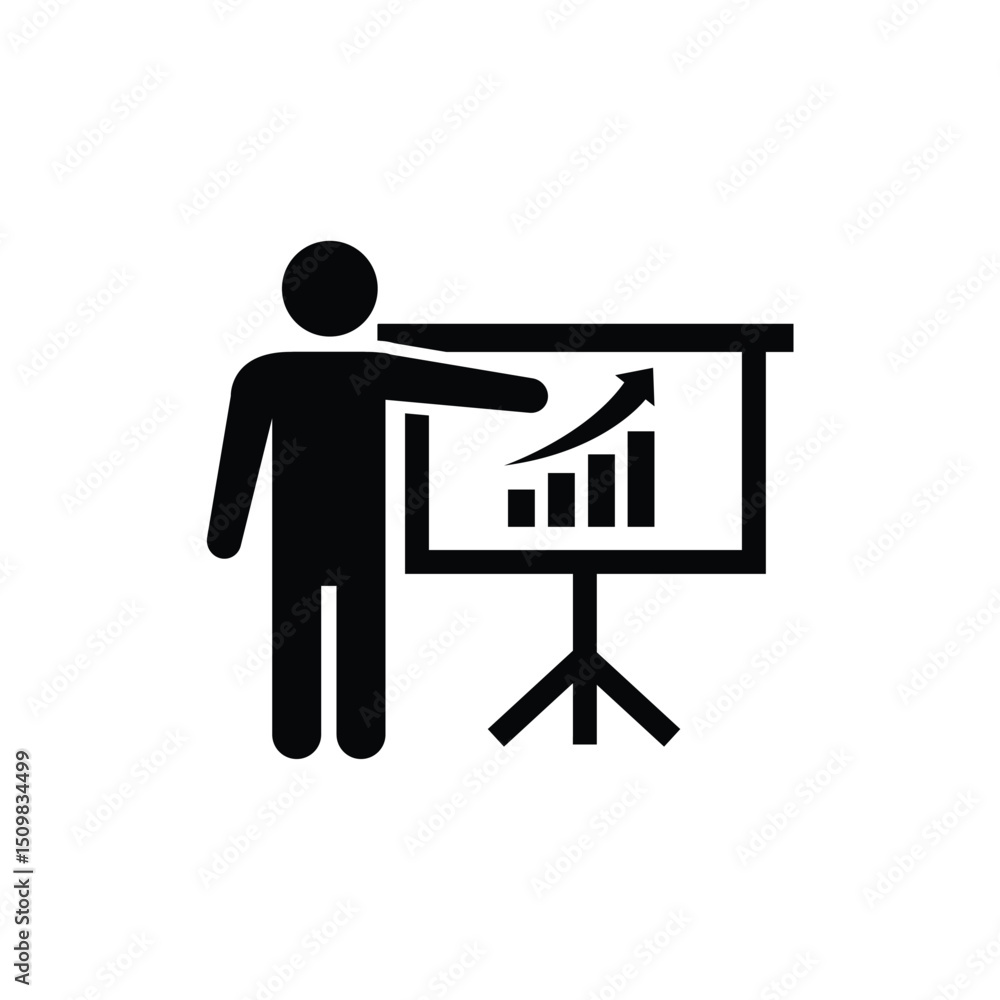 Poster business presentation illustrating growth strategy with chart display and presenter illustrating key