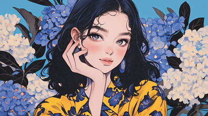 青い紫陽花と艶やかな黒髪の女性が静かに微笑む幻想的な横顔のイラスト・花に包まれた肖像画・夏・初夏・アジサイ・水彩風・透明感・手描き風・ガーリー・落ち着いた雰囲気
