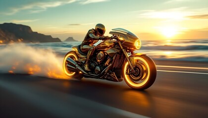 Obraz premium Futuristic golden motorcycle with glowing neon accents and detailed metallic textures, positioned in a vibrant digital environment .