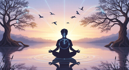A serene silhouette of a person meditating on a tranquil lake at sunrise, with subtle, glowing lines connecting their mind to natural elements like trees and birds, symbolizing peace and clarity. 
