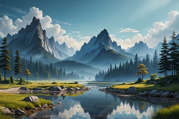 Obraz premium painting of a mountain scene with a river and trees