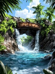 Serene Waterfall Paradise Lush Tropical Landscape with Stone Bridge