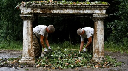 Men Cleaning Up Debris Underneath Ancient Ruins