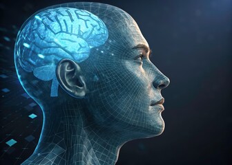 A digitally rendered illustration of a human head with a visible brain representing thought intelligence and artificial awareness.
