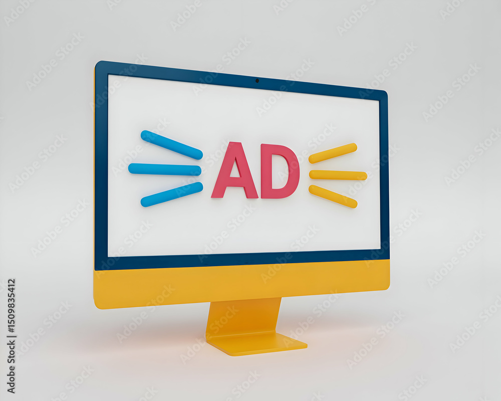 Poster modern computer screen displaying colorful ad symbol with rays for online advertising concept