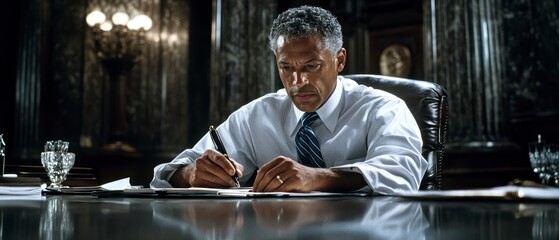 Serious Man Writing at Desk in Office; Focused Professional Working Late