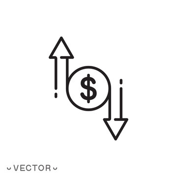 cost reduce or increase icon, salary, risk analysis, benefit dollar concept, thin line symbol isolated on white background, editable stroke eps 10 vector illustration