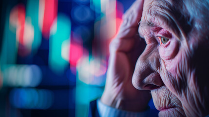 Close-up portrait of concerned elderly senior touching forehead in worry, blurred medical chart background symbolizing stroke risk awareness and health anxiety for aging population