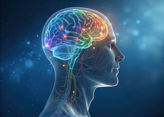 A vibrant and colorful 3d illustration of the human brain illuminated within a translucent silhouette depicting medical and scientific themes