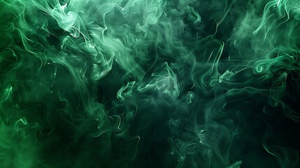 Abstract green smoke swirls and flows on a dark background creating a textured effect