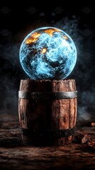 Mystical Earth Globe on Ancient Wooden Barrel Digital Art