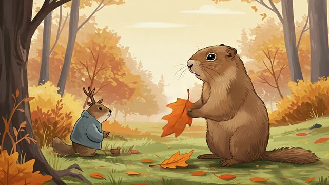 Autumn scene with a big groundhog holding leaf and a deer-like squirrel