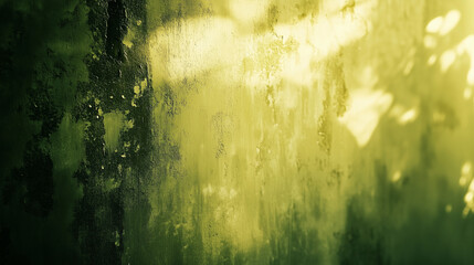 Green grunge texture with rays of bright sunlight filtering through a forest landscape