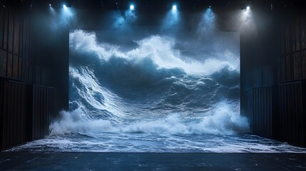A dramatic stage showing a stormy sea set with moving waves and lighting