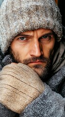 Portrait of a Man in Winter, Cold Weather, Serious Expression