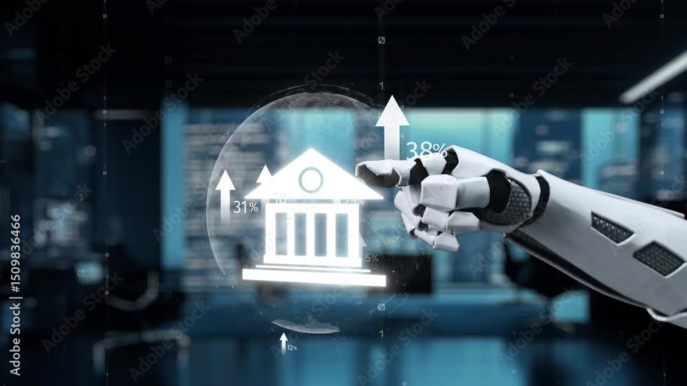 Poster a modern robotic hand reaching towards a financial growth icon, set against a sleek digital banking 
