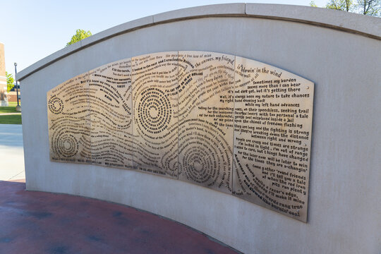 Monument honoring 1959 graduate Bob Dylan (Robert Zimmerman) for winning the Nobel Prize in Literature in 2016, on May 22, 2025 in Hibbing, Minnesota. Dylan graduated from Hibbing High School in 1959.