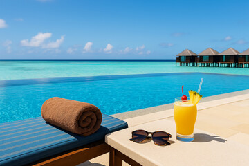 海とつながるインフィニティプールとトロピカルドリンク
