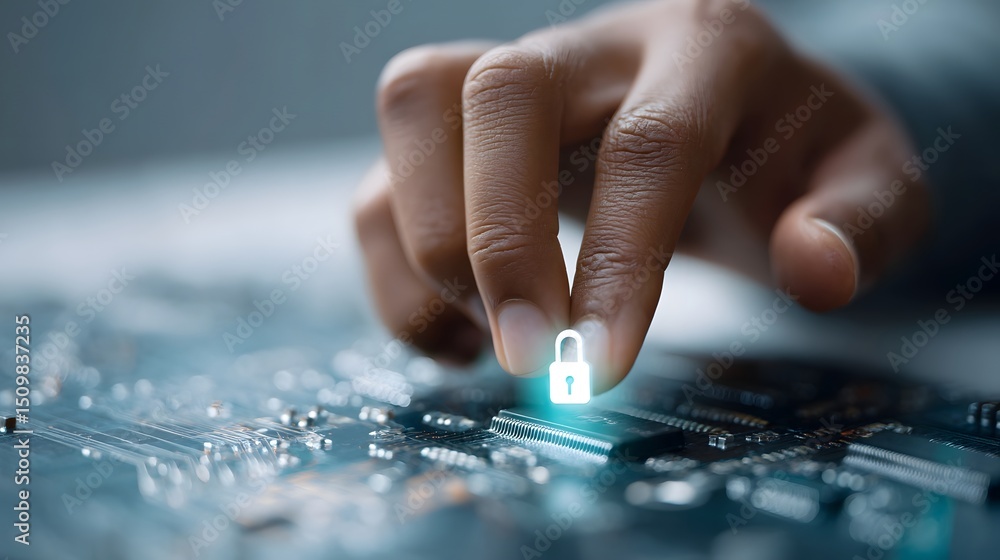 Aufkleber cybersecurity and digital security concept with a hand interacting with a glowing padlock icon on a 