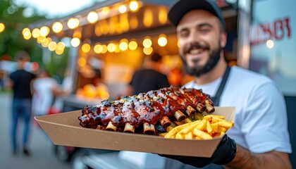 Young caucasian male presenting delicious barbecue ribs and fries at food truck festival