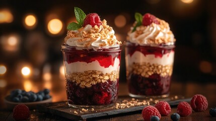 Two mason jar parfaits, layered with granola, whipped cream, berry jelly, and raspberries
