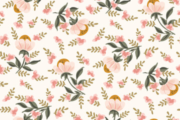 Hand painted florals, leaves and sprigs forming a maximalist botanical pattern in colors of pink, yellow and green on off white background. Seamless vector pattern. Great for home decor, fabric, gifts