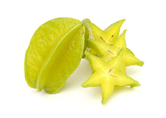 Fototapeta premium Whole and slices of star fruits on white background 