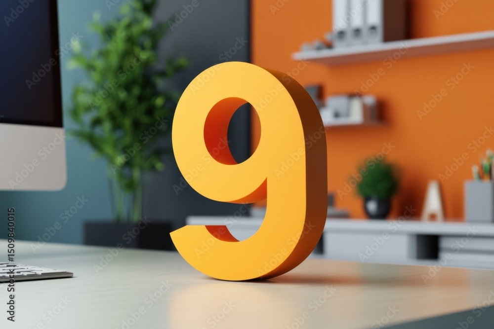 Fototapete a large orange number nine is sitting on a desk in front of a computer monitor
