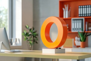 A large orange circle sits on a desk in front of a computer monitor