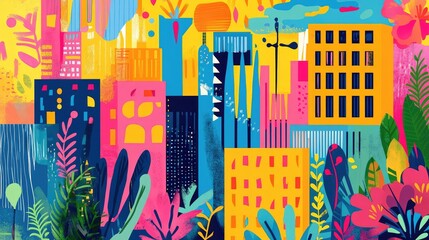 Obraz premium A colorful cityscape with buildings and trees