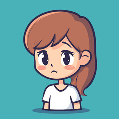 Obraz premium Pensive Girl Cartoon with Large Eyes and Ponytail